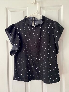 SHEIN Black Blouse with White Heart Print and Flutter Sleeves